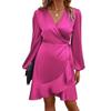 Women Mini Dress V-Neck Lantern Long Sleeve Side Lace-up Dress