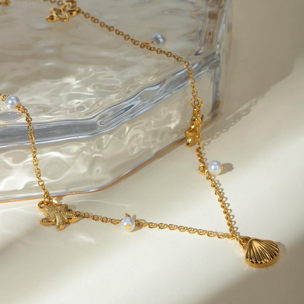 Summer Starfish Pendant Stainless Steel Stylish Necklace for Girl Cute Gold Color Waterproof Chic Zircon Party Gift