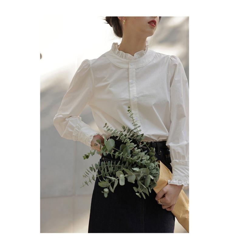 Autumn Winter Ruffles Stand Collar Elegant Fashion Cotton Shirt Women Long Sleeve Bottomed Blouse Cardigan Top
