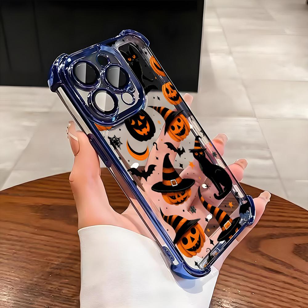 Halloween Black Cat Pumpkin Bat Pattern Phone Case For iPhone 17 16 15 14 13 12 11 Pro Max 15 16 Plus 17Air Airbag Plating Cover