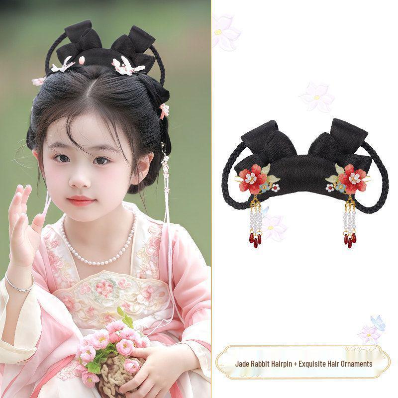 Jade Rabbit Hanfu Wig: Children's Ancient Style Tang Dynasty Updo with Hair Padding and Bun Headdress
