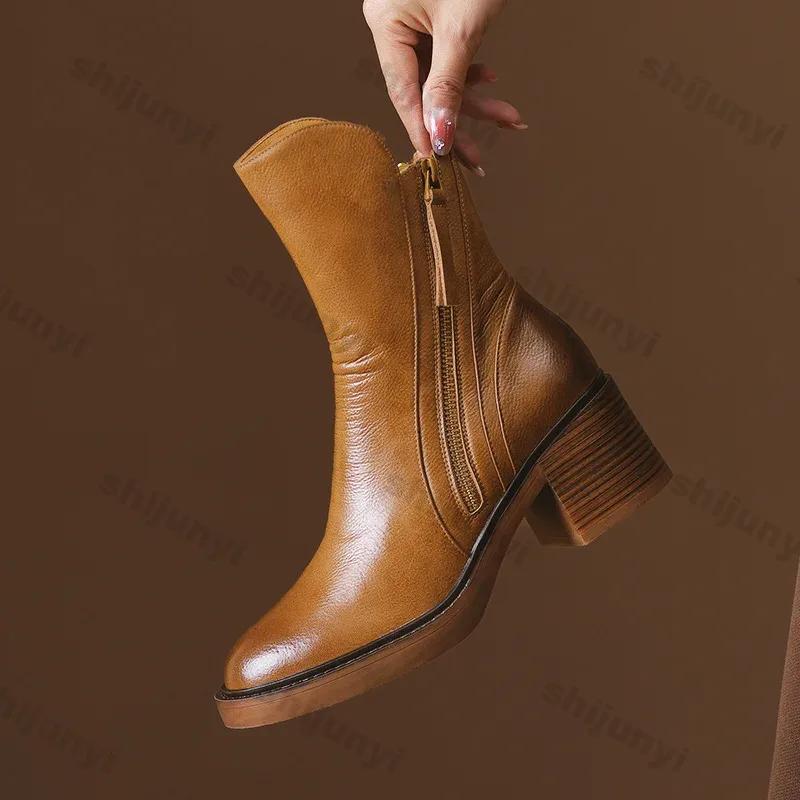 Fashion Women's Platform Chelsea Boots New Round Toe Chunky Heel Women Brown Ankle Boots Outdoor High Heel Leather Boots Zapatos Mujer