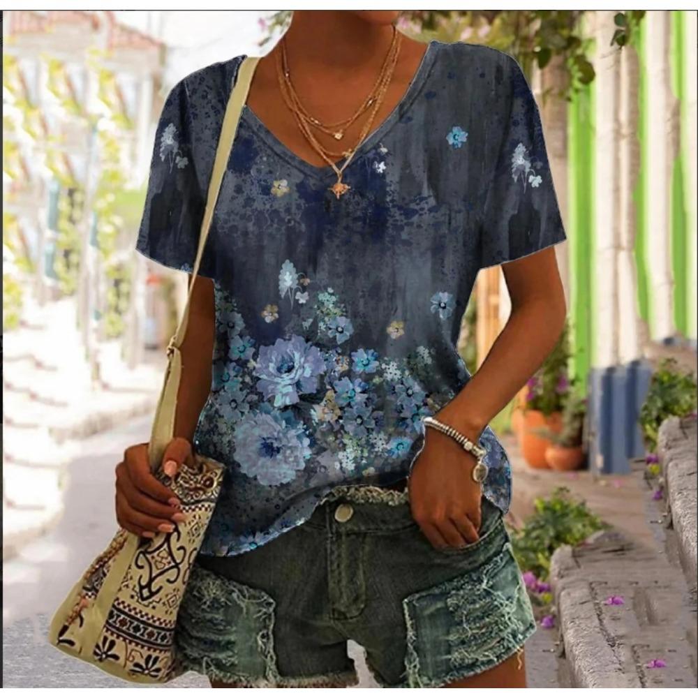 Women's Abstract Floral Painting T Shirt Summer Casual Loose Graphic Print V Neck Basic Top Fashion 3D Print Plus Size Clothing
