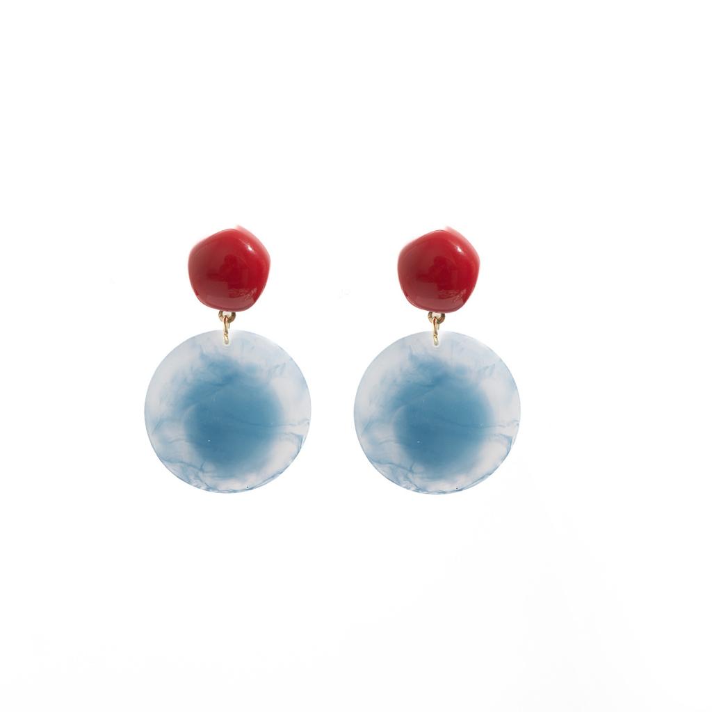 Retro Style Red And Blue Contrasting Geometric Disc Earrings, Light Luxury And High-End Sense, Personalized Fashion Design Exaggerated Earrings