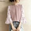 ZANZEA Women Casual Floral Print Splice 3/4 Sleeve Loose Blouse