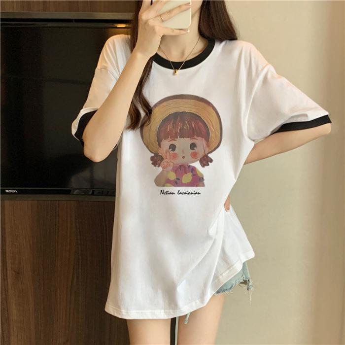 

Special offer 100% pure cotton bag collar summer new loose dopamine girl short-sleeved t-shirt female tide M чёрный