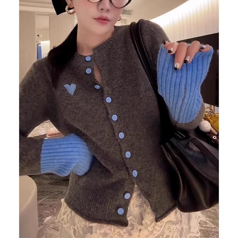 Women's Grey Knit Cardigan with Embroidered Heart Design - Spring/Autumn Round Neck Sweater.