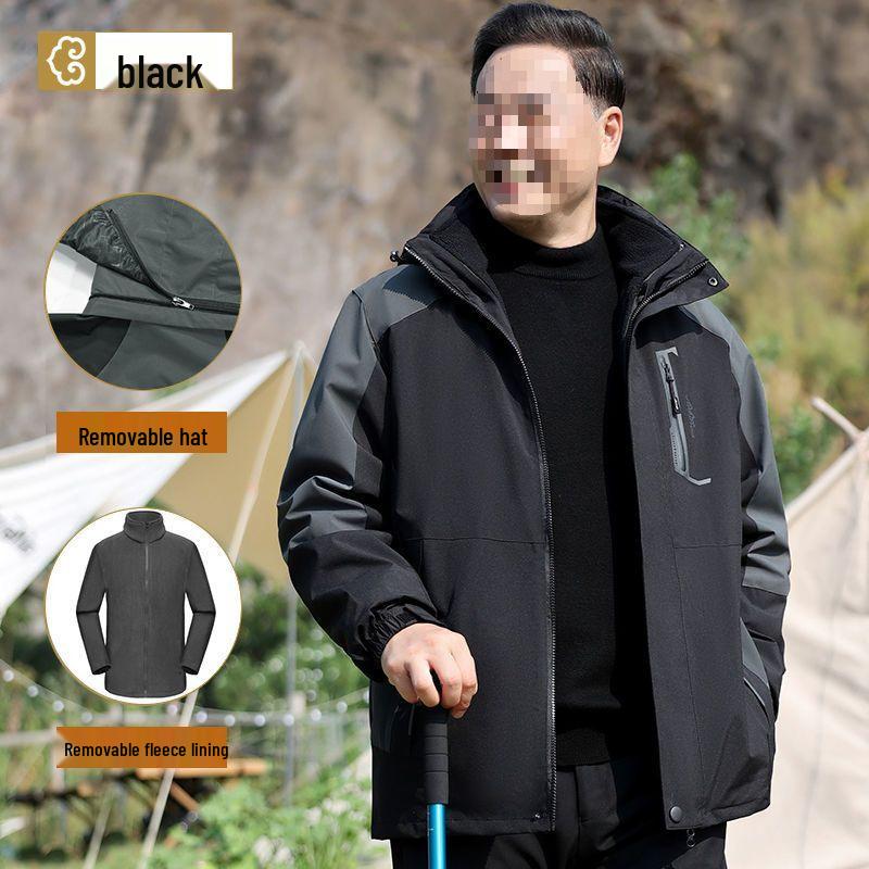 Men’s Three-In-One Windbreaker: Plus Velvet Detachable Jacket for Middle-Aged and Elderly – Perfect for Spring and Autumn.