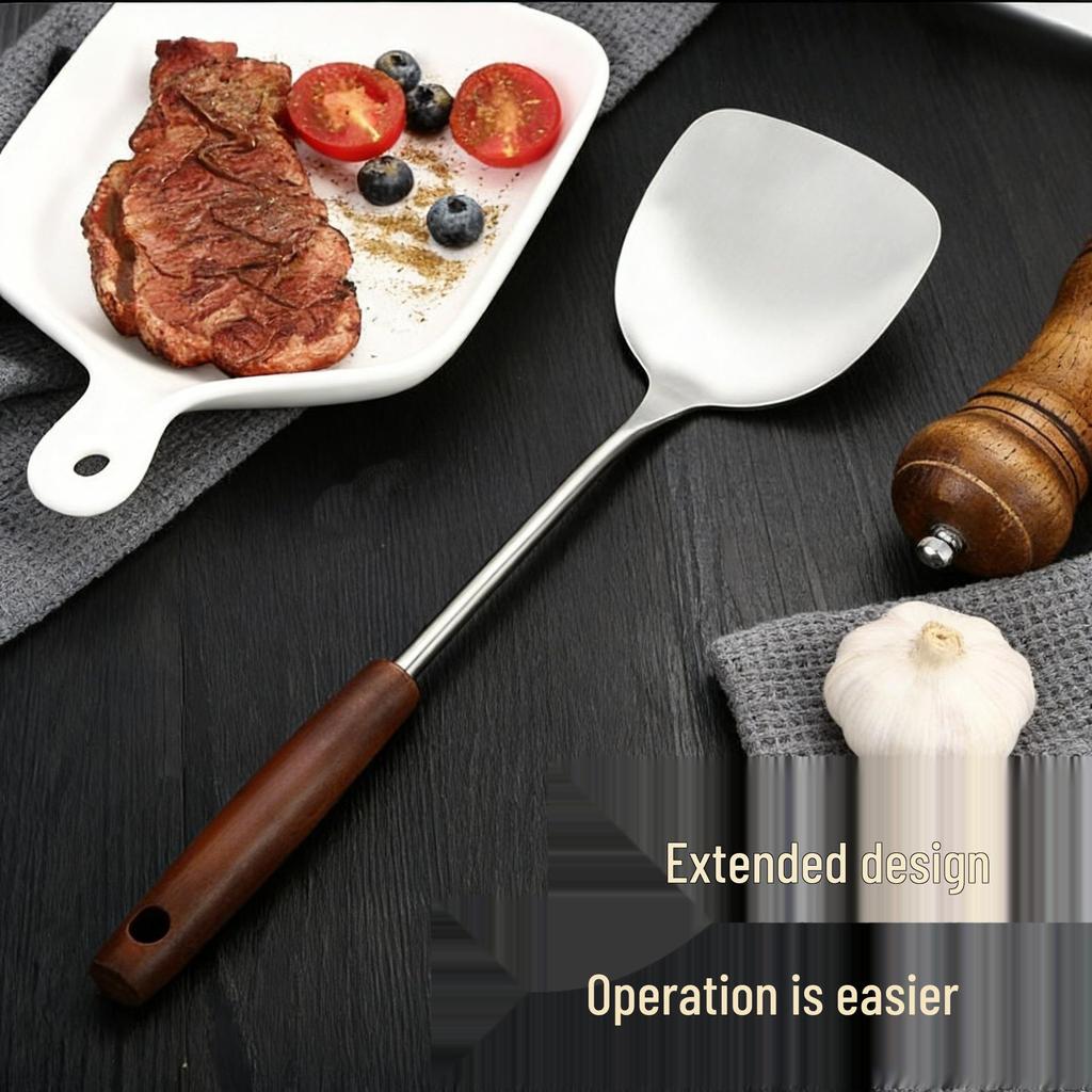 Stainless Steel & Wood Thickened Cookware Set: Frying Pan Spatula, Slotted Spoon, Ladle, Anti-Scald Design