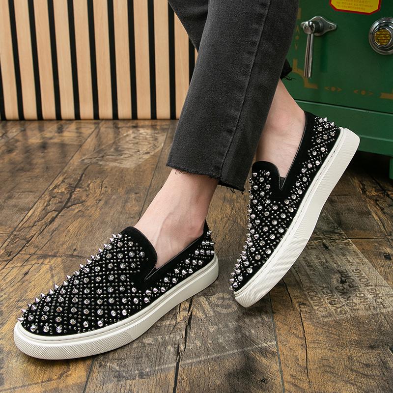 Luxury Designer Low Top Silver Rivet Rhinestone Casual Shoes Black Sneakers For Men Outdoor Walking Shoes