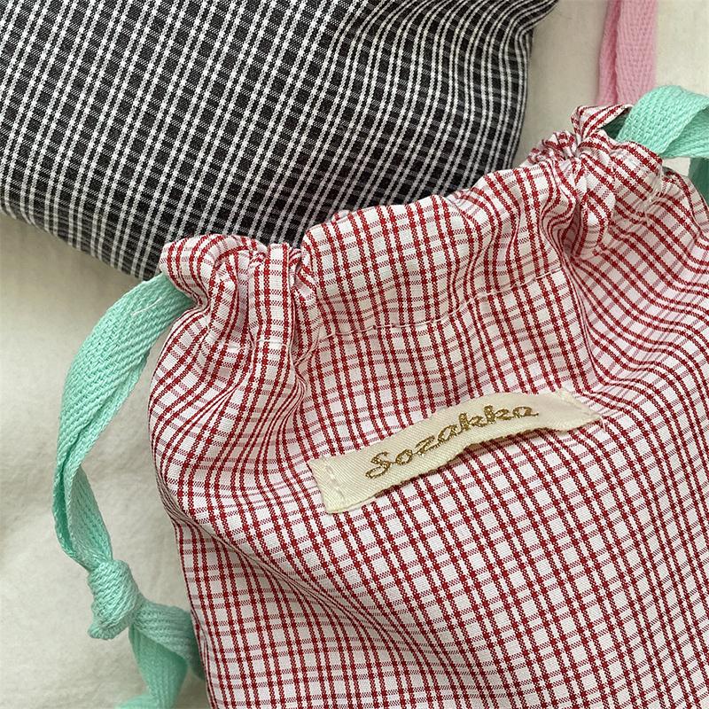 Checkered Pattern Lipstick Makeup Bag With Drawstring Simple Jewelry Handbag Large Capacity Storage Pouch