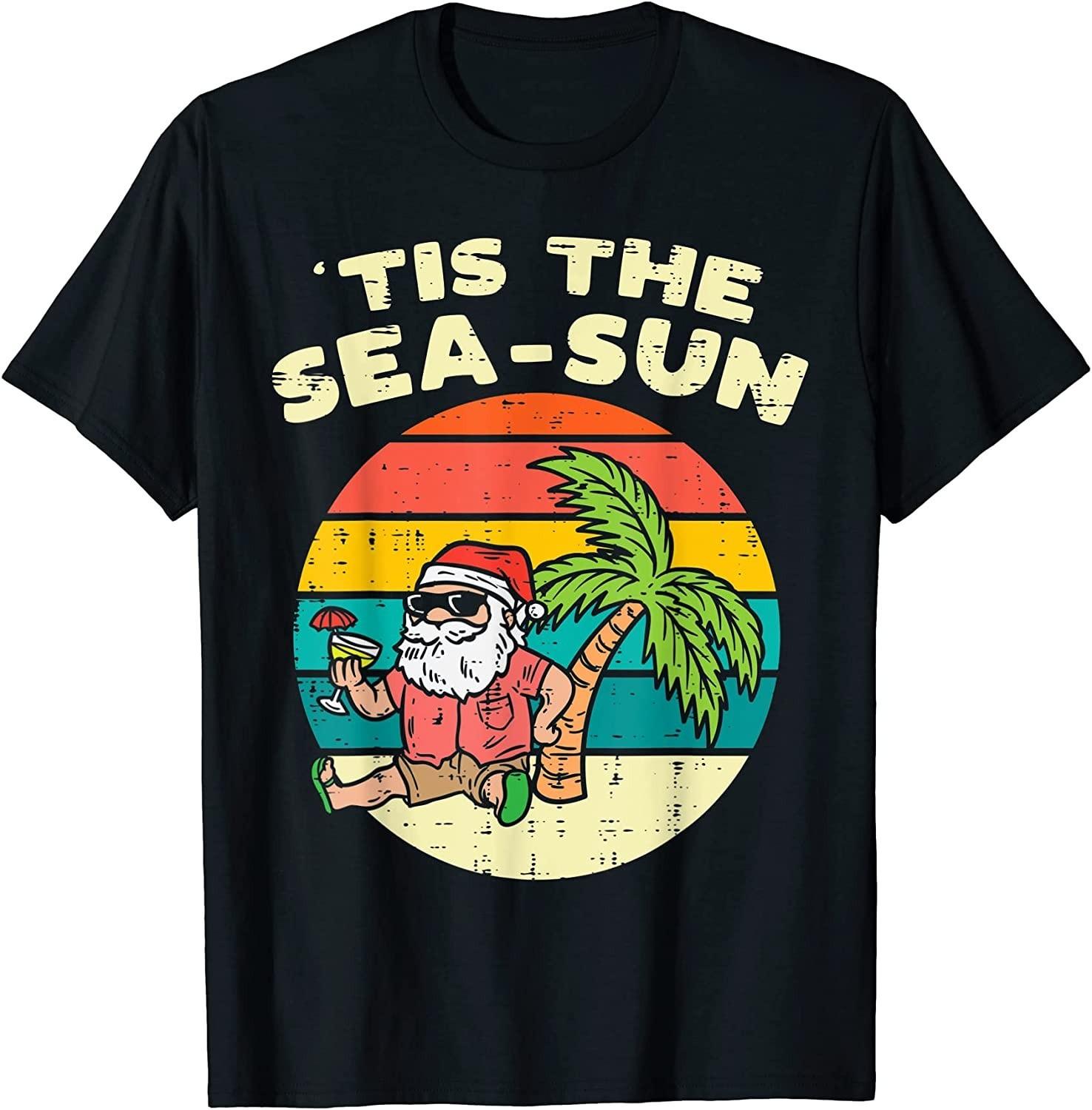 NEW! Tis The Sea Sun Santa Beach Summer Christmas In July Tee - MADE IN USA XL