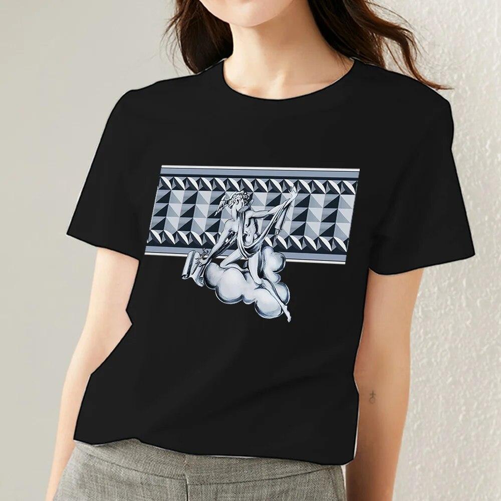 Retro Frauen Kleidung T-shirt Casual Slim Top Einfache Schwarz Pendler Kurzarm Lustige Skulptur Print Damen Mode O-ansatz Top