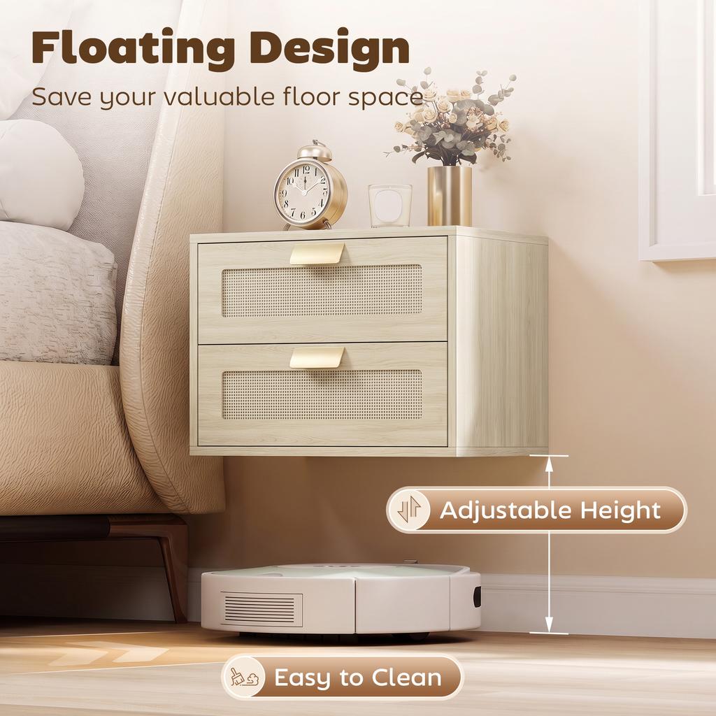 Modern Floating Nightstands Set of 2, Wall Mounted Bedside Tables with 2 Drawers, Oak