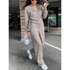 Women's O Neck Long Sleeve Loose Fit Button Front Cardigan Two Piece Outfit Drawstring Waist Straight Pants Autumn Casual Loungewear Pant Set