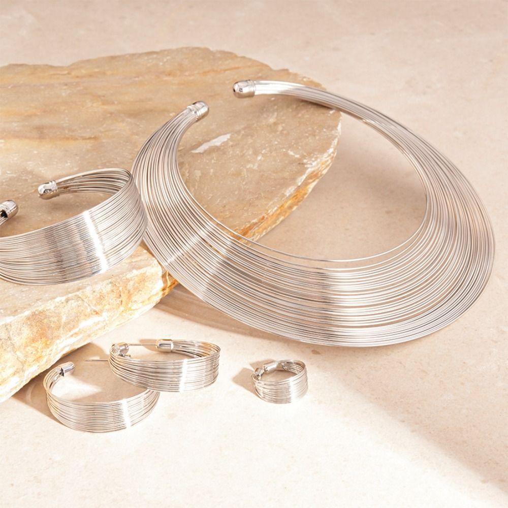 Earrings Exaggerated Bracelet Set European Style Jewelry Set Multilayer Metal Wire Necklace  Women