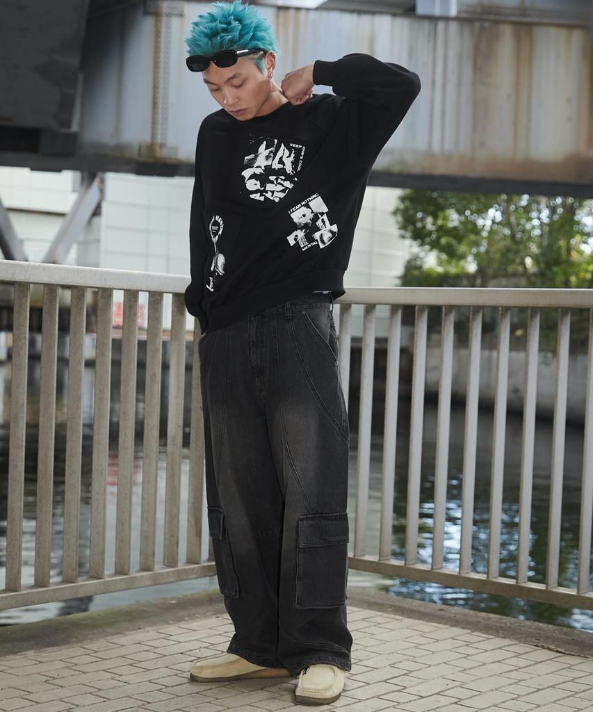 WEGO Photo Paste Graphic Pullover Size Big Gift Men's Sweatshirt, M, Black, Streetwear, Casual, Silhouette, Spring, Autumn, Winter,