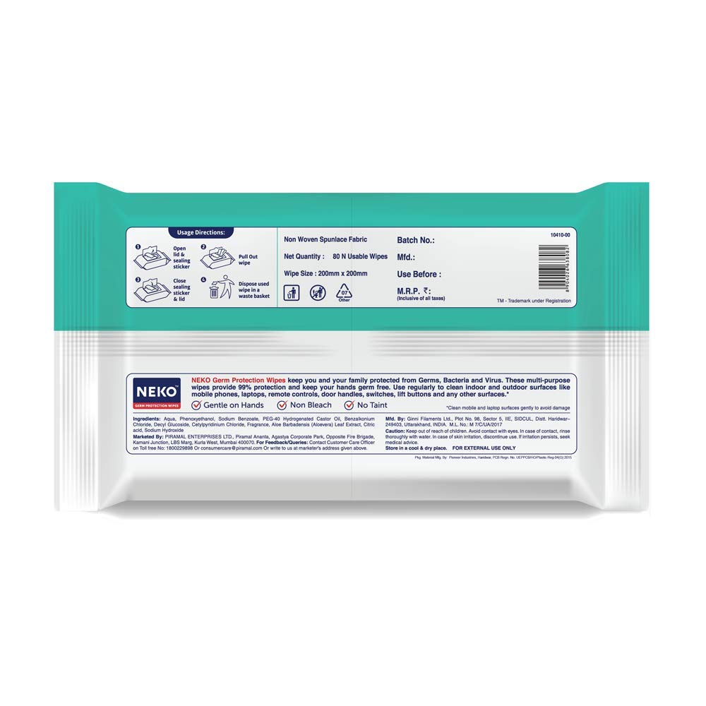Neko Multi-Purpose Germ Protection Wipes 80 Large Wet Wipes Pack with Aloe Vera for Cleaning Surfaces