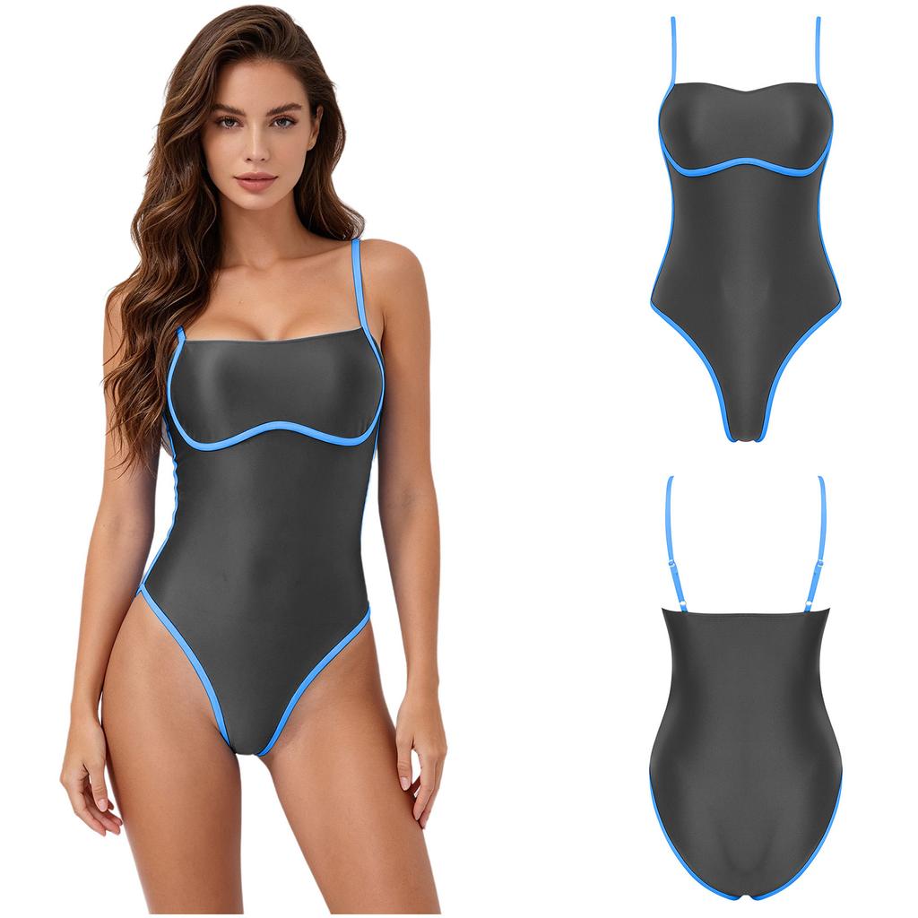 Satin Color Block One Piece Swimsuit for Women Square Neck Adjustable Straps Bathing Suit with Edges Design for Pool Summer