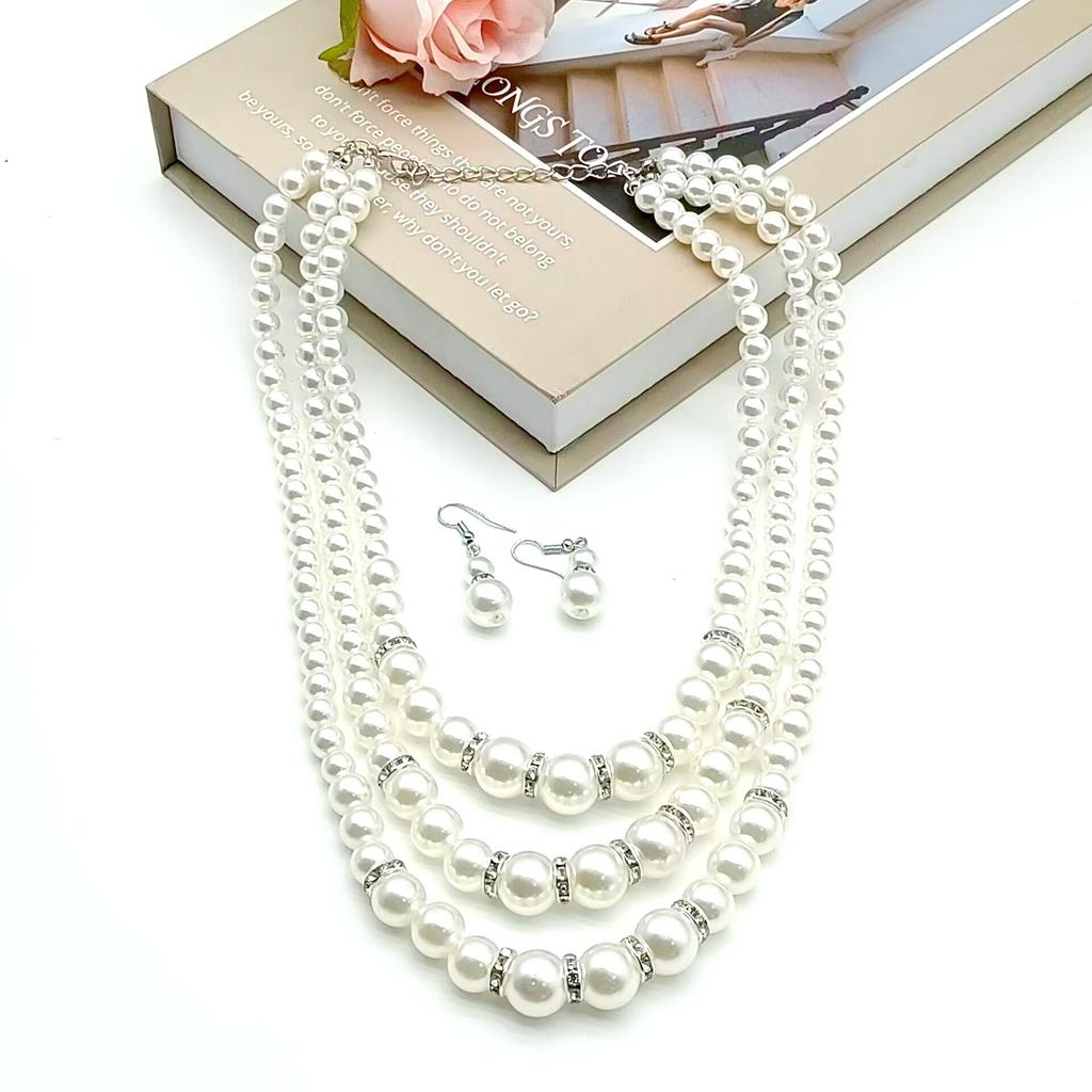 European and American popular French highlight new three-layer size pearl mixed and matched necklace temperament necklace earrings set