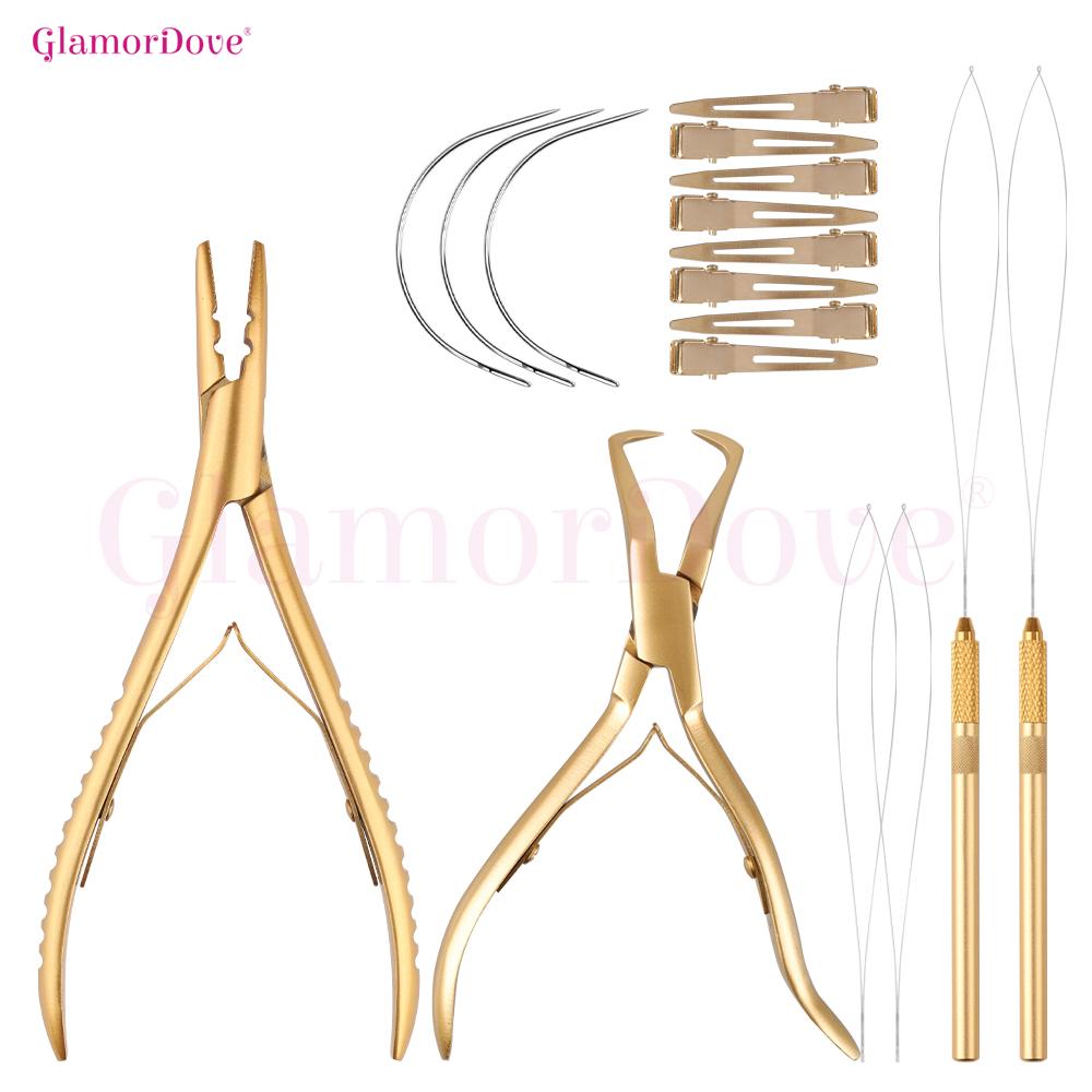 GlamorDove Beaded Weft Hair Extension Kit – Double Hole Pliers, Bead Remover & Sewing Tools