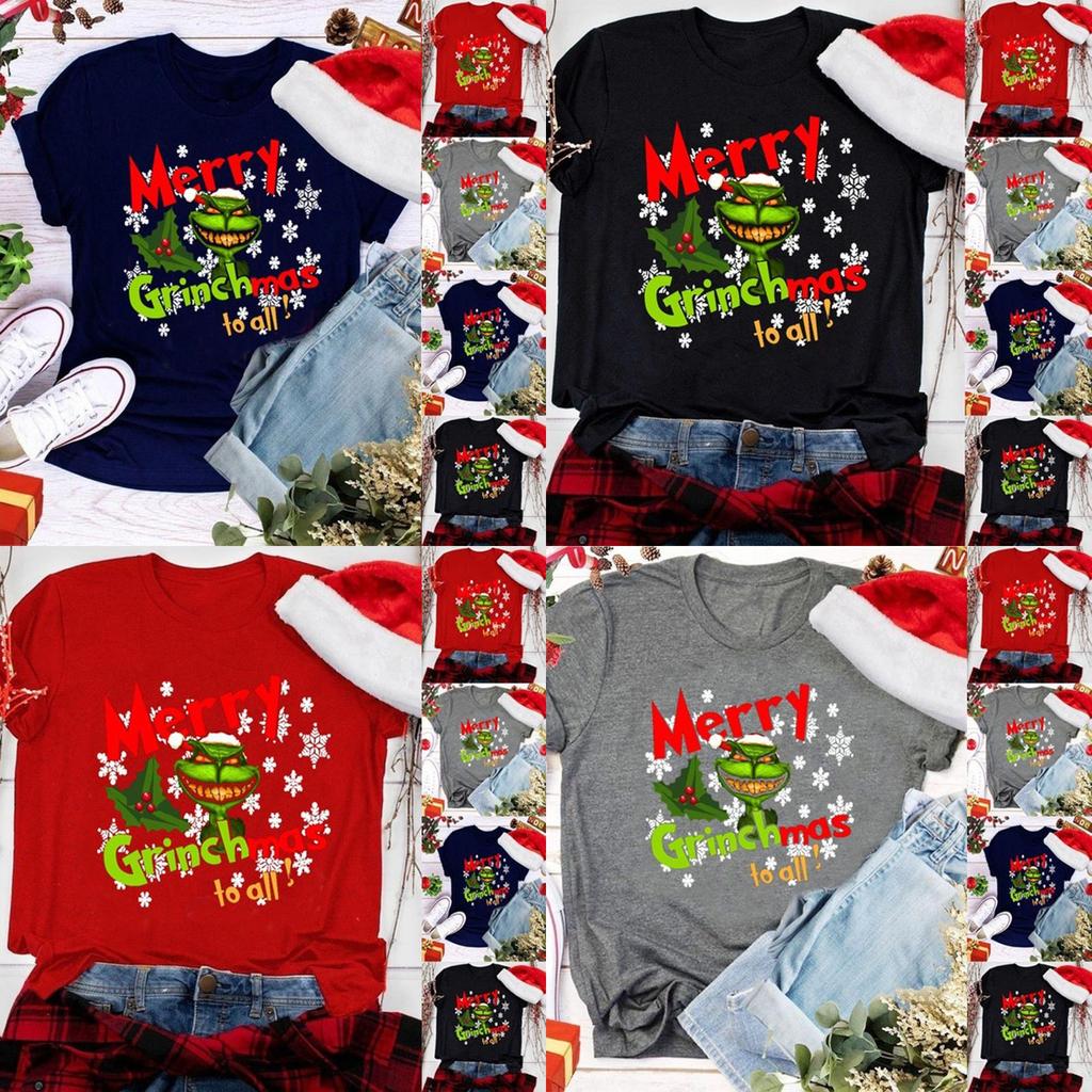 Women Christmas Grinch Short Sleeve T-shirt Tops With Trendy Crew Neck Design