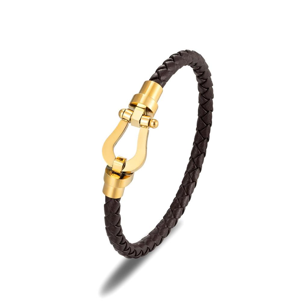 Pulsera de acero de titanio chapada en oro con hebilla de herradura, diseño en forma de U de acero inoxidable, trenzada para hombre y mujer, accesorio para parejas.