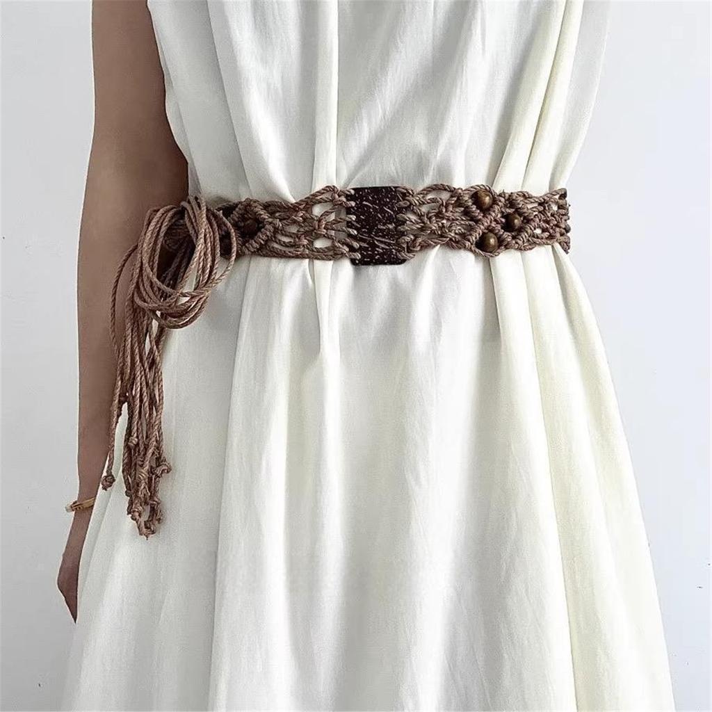 Bohemian Braided Cotton Rope Belt With Wooden Beads Adjustable Waist Cincher For Dresses And High Waist Pants