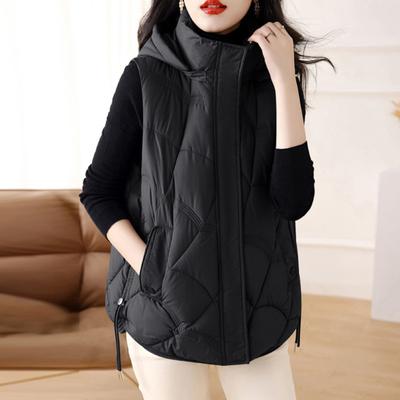 Women Cotton Vest Stand Collar Hooded Sleeveless Waistcoat Loose Fit Solid Color Zipper Closure Short Vest Outerwear