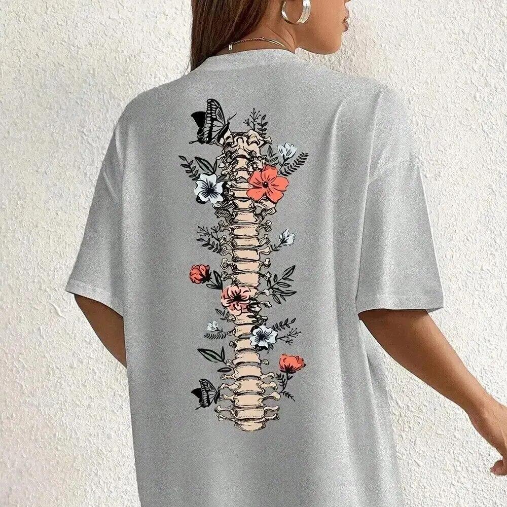 Floral & Skeleton Print Cotton T-Shirt for Women Motivational Grow Through It Personality Female Tee Oversize Tops Soft Clothes