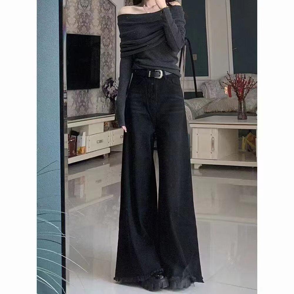 

Женские джинсы с высокой талией, черные и серые, широкие, весна/осень 2024, ретро-брюки с драпировкой и свободной юбкой Medium чёрный/серый