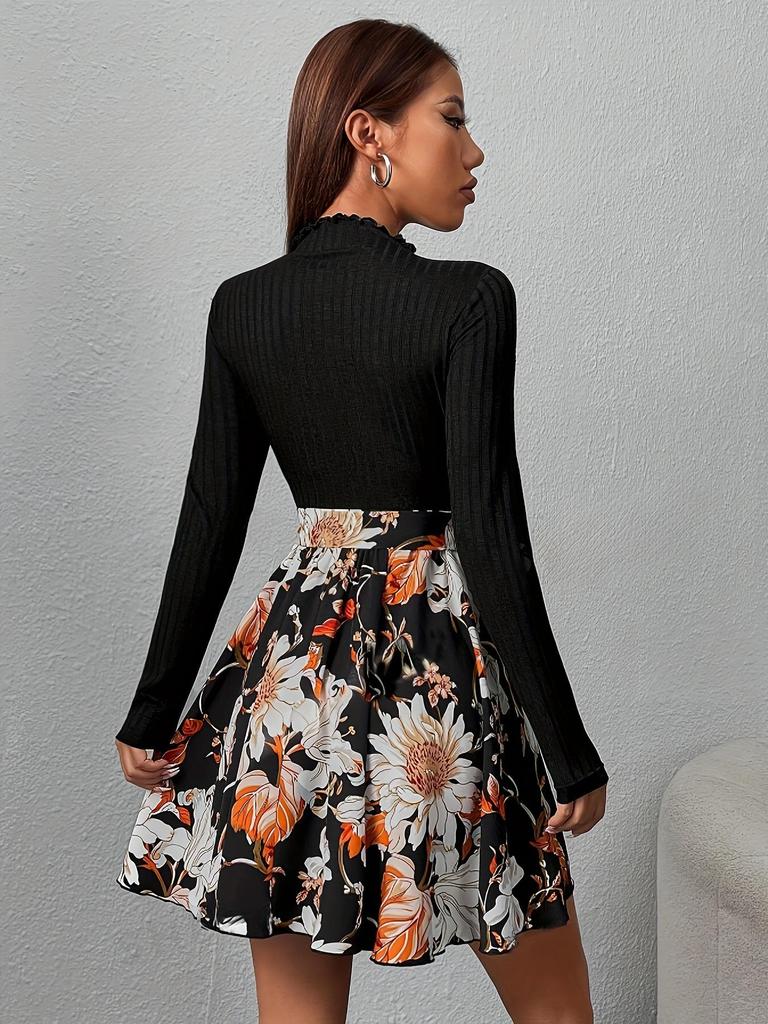 Elegant High-Waist Patchwork Long-Sleeve Dress for Women