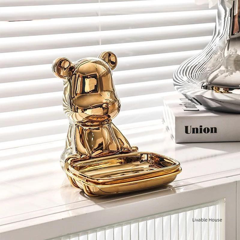 Light Luxury Bear Soap Box Ceramics Bathroom Holder Dish Golden Storage Drain Plate Tray Shower Supplies Gadgets