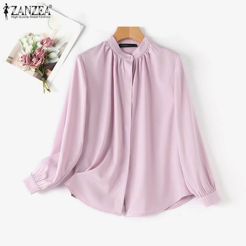 

ZANZEA Женская повседневная свободная блузка с воротником-стойкой и длинными рукавами