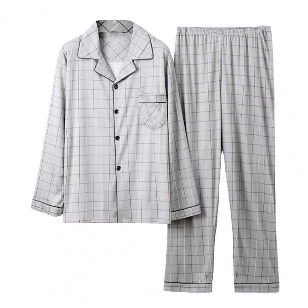 2ks/Sada Pánské pyžamo Set Kostkovaný potisk Klopa Dlouhý rukáv Jednořadé košile Elastický pas Dlouhé kalhoty Set Volný střih Domácí oblečení S