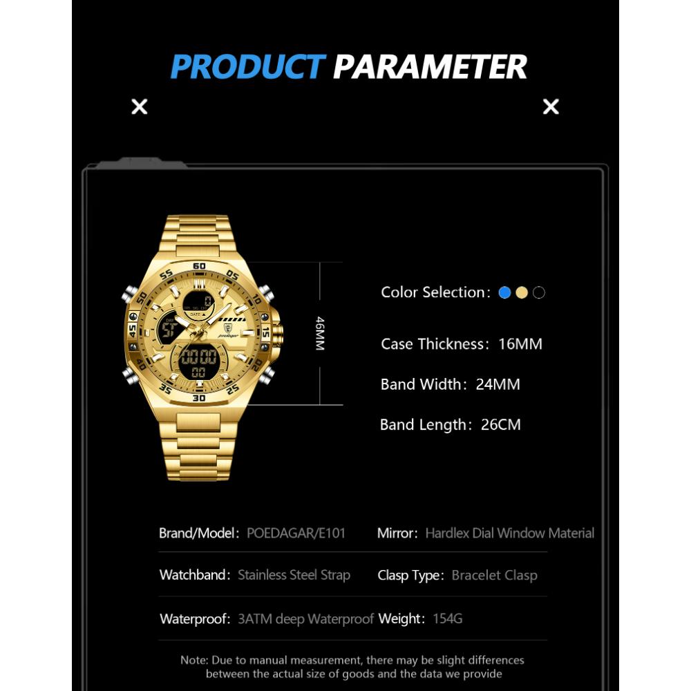 POEDAGAR Top Original Men Clock LED Luminous Waterproof Week Date Man Wristwatch Electronic Stainless Steel Quartz Men's Watches