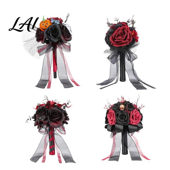 Punk Wedding Flowers Gothic Bride Bouquet Artificial Black Red Rose Flower Bouquet Metal Decoration with Skeleton Hand Pumpkin Skull for Bridal