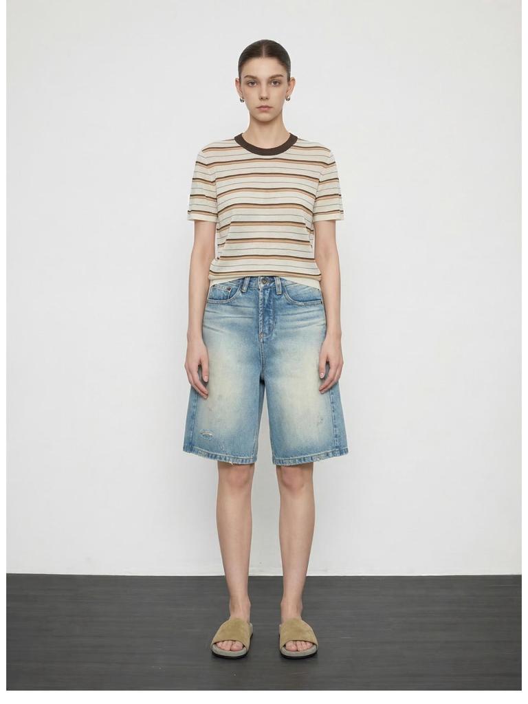 JOCORBEI Retro Ripped Cotton Distressed Straight Denim Shorts (Spring 2026)