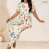 Women Plus Size Two Piece Set Round Neck Short Sleeve Floral Printed Long Top And Fitted Pants