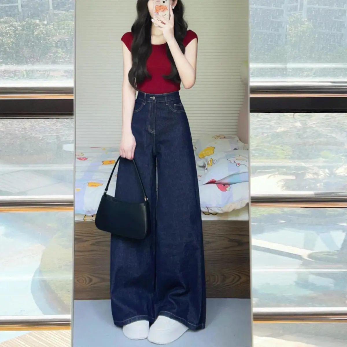 

High-Waisted Retro Wide-Leg Jeans - Dark Blue, Loose Fit, Floor-Length Extra Small