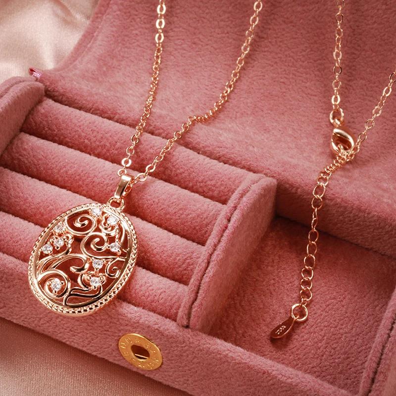 Vintage Hollow Flower Pendant Necklace For Women  Rose Gold Color Natural Zircon Accessories Party Daily Fine Jewelry
