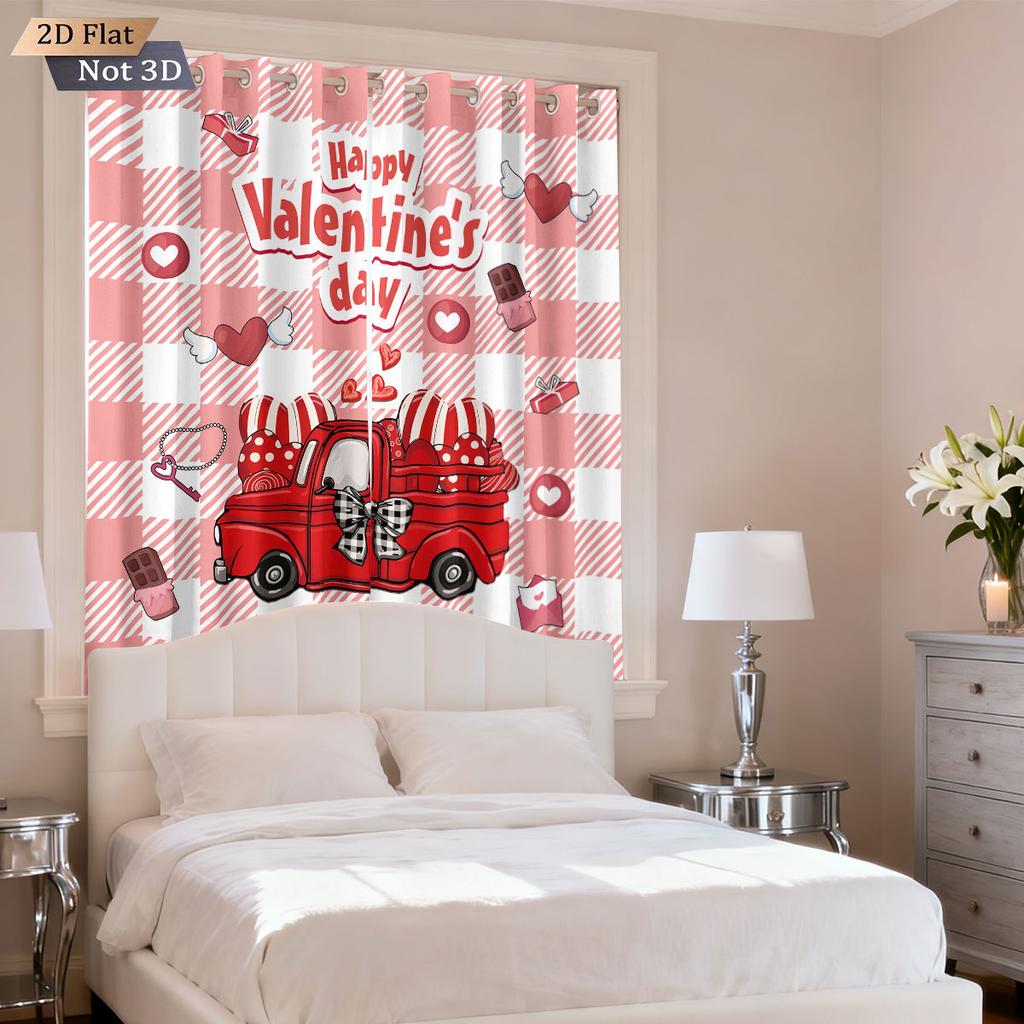 2pc Valentine's Day Romantic Love Car Print Shading Perforated Curtains Multi Size Living Room Insulation Festival Decoration