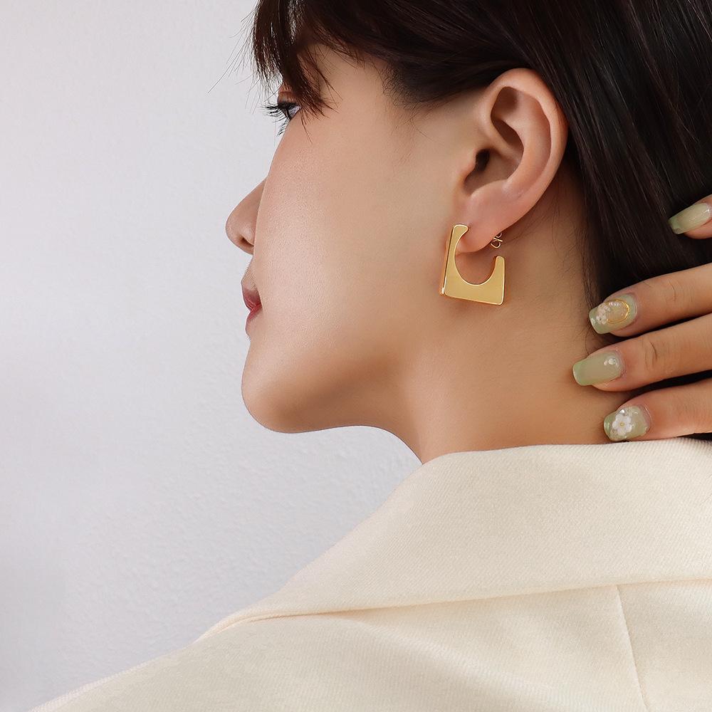 French Style Geometric Square Titanium Steel Earrings, Personalized 18K Gold Ins Accessories