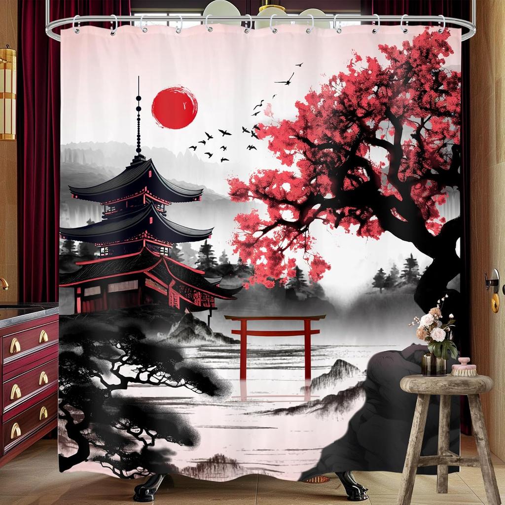 Japanese Cherry Blossom Shower Curtain Watercolor Black Red Floral Asian Chinese Mountain Sun Anime Fabric Waterproof