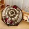 Vintage Clock with Roses Theme Automatic Umbrella Compact 8-Rib Design Sturdy Construction Durable Umbrella Stylish Accessory