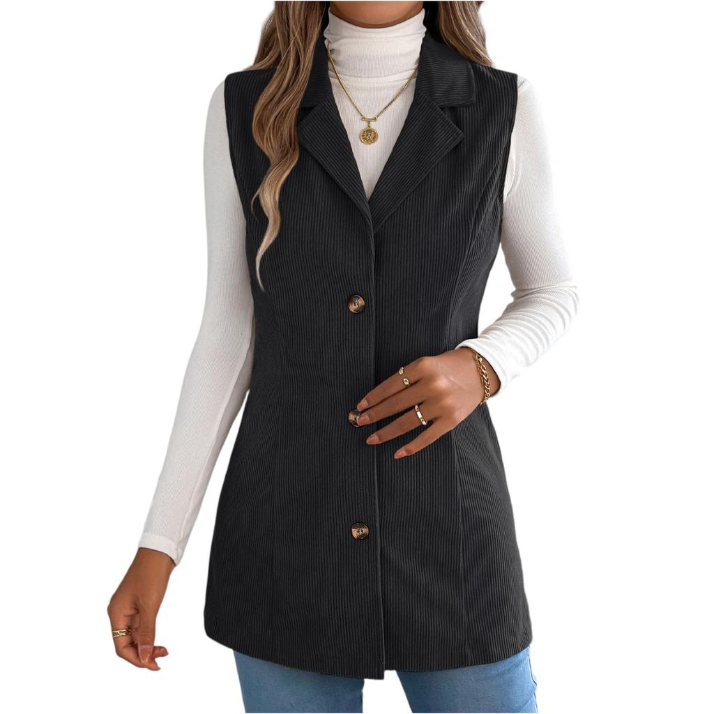 Women's Fashionable Solid Color Sleeveless Lapel Button Vest Jacket