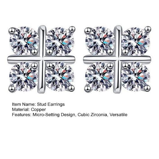 1 Pair Stud Earrings Four-Leaf Clover Design Micro-Setting High Clarity Cubic Zirconia Sparkling Earrings