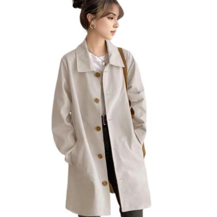 Women Windbreaker Overcoat Turn Down Collar Button Down Long Sleeves Loose Pockets Mid Length Outdoor Travel Commuting Jacket