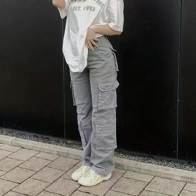 Pantalon de travail taille haute pour femme, style hip-hop de rue, avec poches multiples, pantalon décontracté à jambe droite, jean streetwear ample pour femme