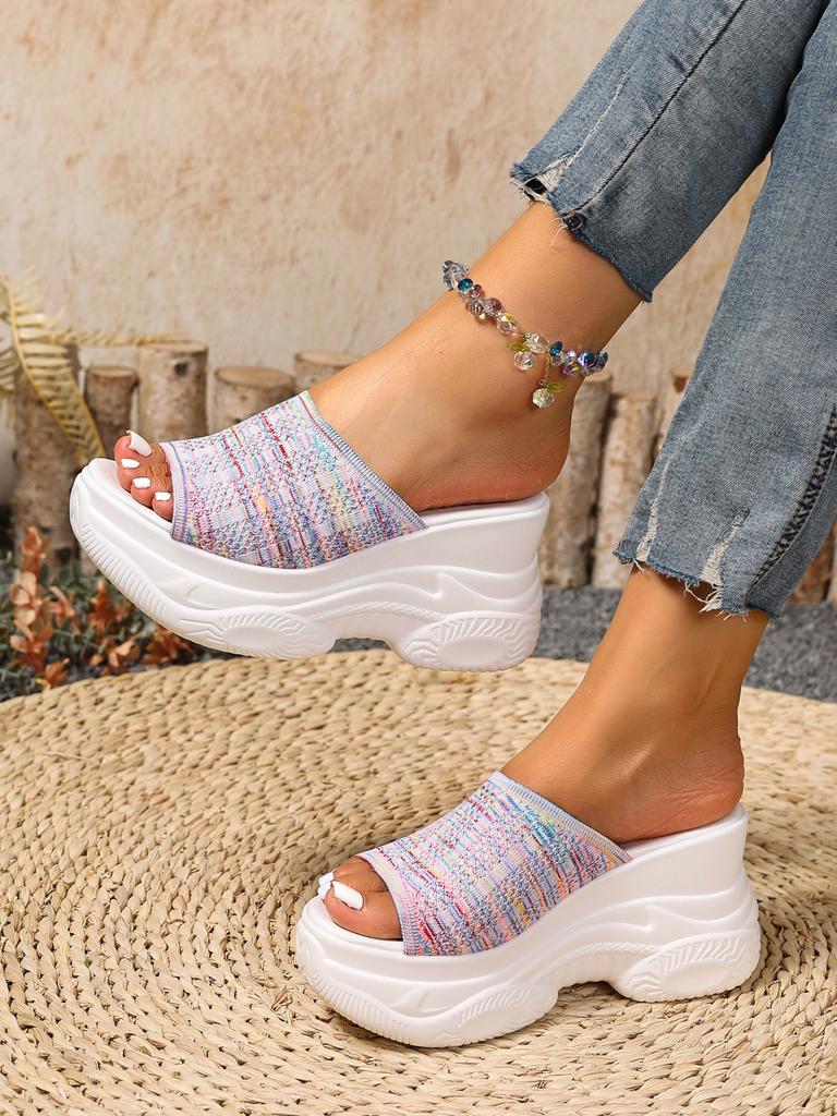 Fashion Summer Fashionable Colorful Striped High-Heeled Sandals, Beige Thick Heels with Colorful Striped Thick Floor Slippers